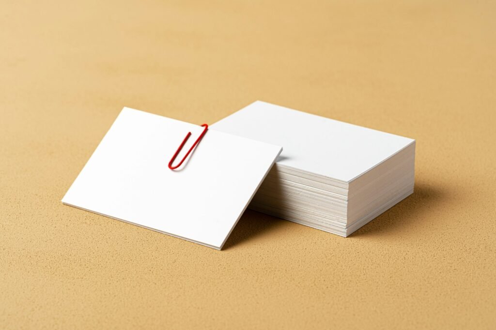 Pile of white businesscards with a clip on beige background